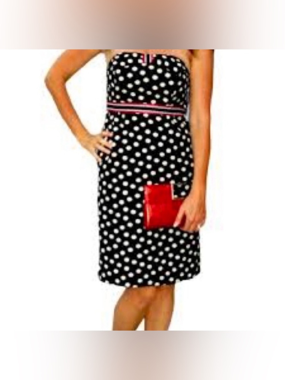 Maeve by Anthropologie Black Polka Dot Strapless Dress with Pink Waist Trim